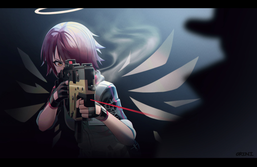 1girl, 1other, absurdres, aiming, arknights, black_gloves, blurry, detached_wings, exusiai_(arknights), fingerless_gloves, gloves, gun, halo, highres, holding, holding_gun, holding_weapon, laser, laser_sight, letterboxed, looking_at_another, one_eye_covered, orini, pink_hair, short_hair, signature, sleeves_pushed_up, smoke, solo_focus, weapon, white_halo, wings, yellow_eyes