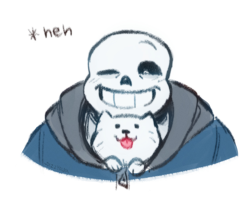 1boy, 2024, 2d, animal, animal_in_clothes, annoying_dog, black_shorts, blue_jacket, cropped_torso, digital_media, dizzyalex, dog, highres, humanoid, jacket, male, male_focus, male_only, monster, monster_boy, one_eye_closed, sans_(undertale), shorts, simple_background, skeleton, solo, striped_shorts, teeth, tongue, tongue_out, undead, undertale, utdr_(toby_fox), white_background, white_dog, white_fur, white_stripes