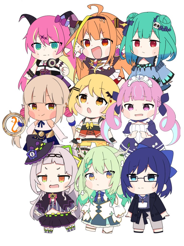 6+girls, :/, :o, @_@, a-chan_(2nd_costume)_(hololive), a-chan_(hololive), ahoge, anchor_print