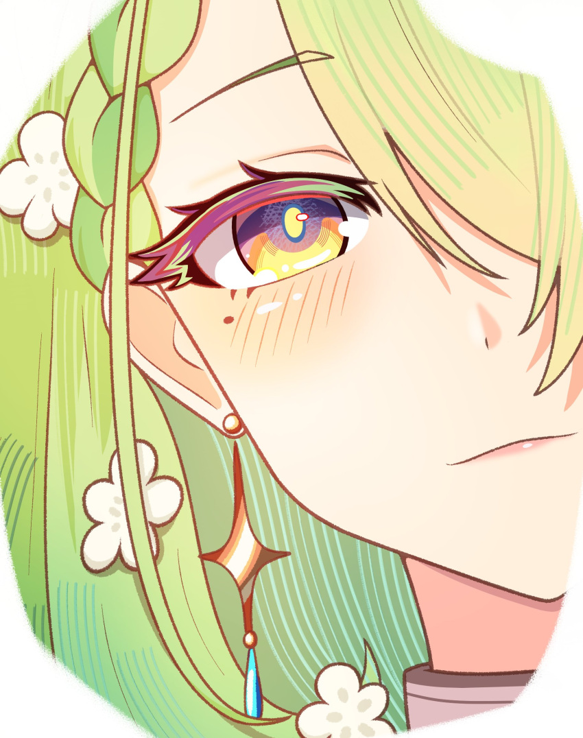 1girl, blush, ceres_fauna, close-up, earrings, ginotty, green_hair, hair_between_eyes