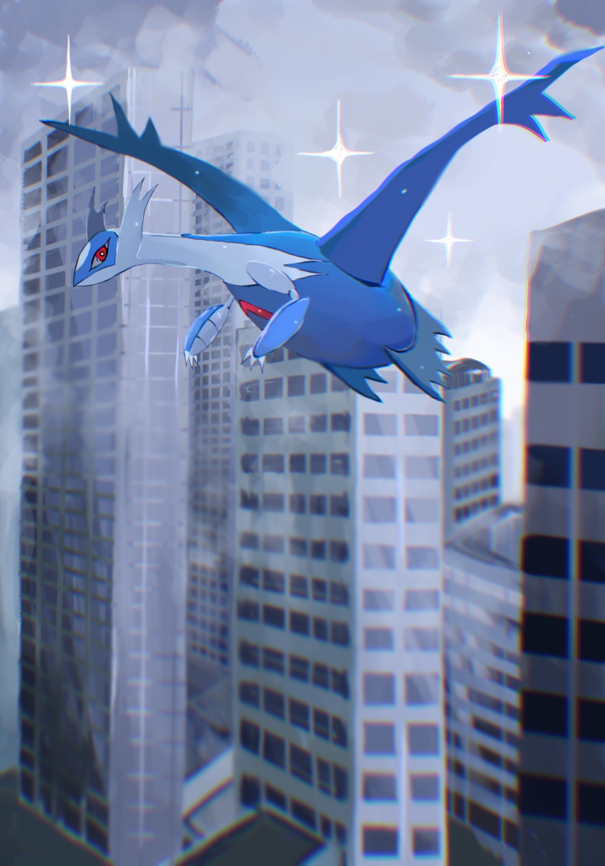 blue_wings, building, cityscape, dragon, full_body, highres, latios, mariin_(mrn_8_8), midair, no_humans, pokemon, pokemon_(creature), red_eyes, skyscraper, sparkle, wings