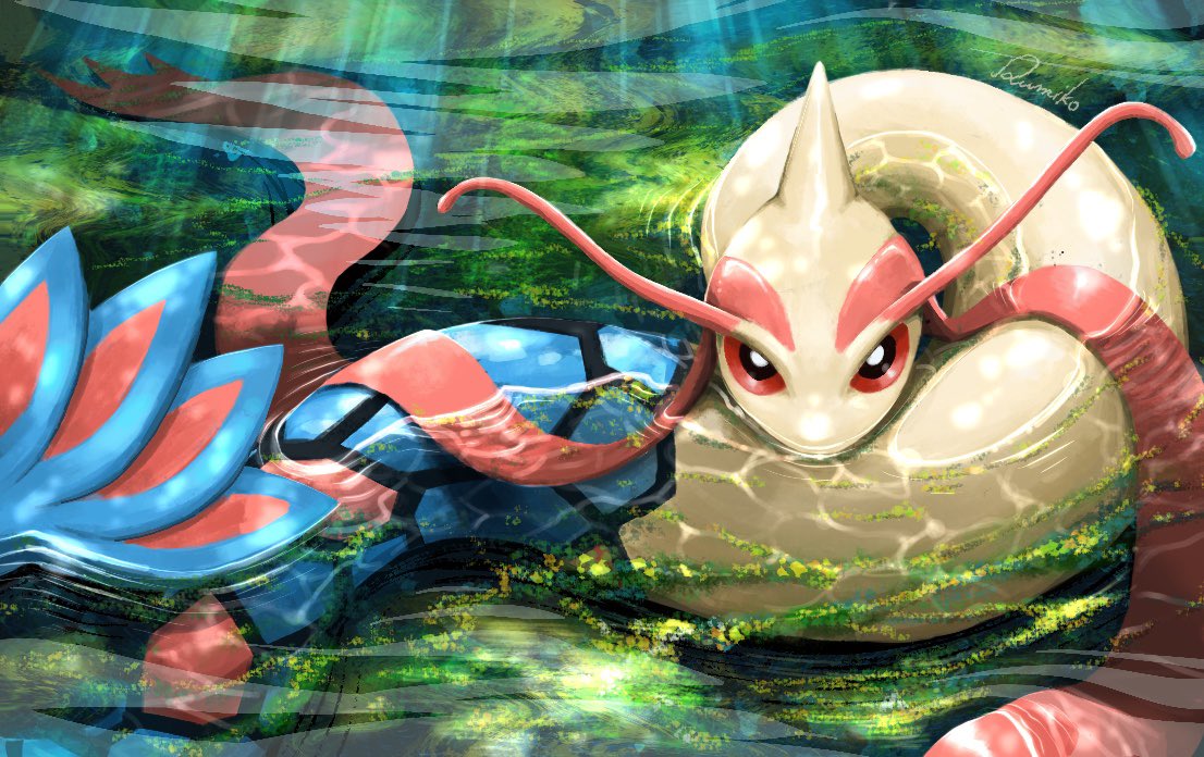 milotic, no_humans, partially_submerged, pokemon, pokemon_(creature), red_eyes, rumiko_(vertlapin96), sea_serpent