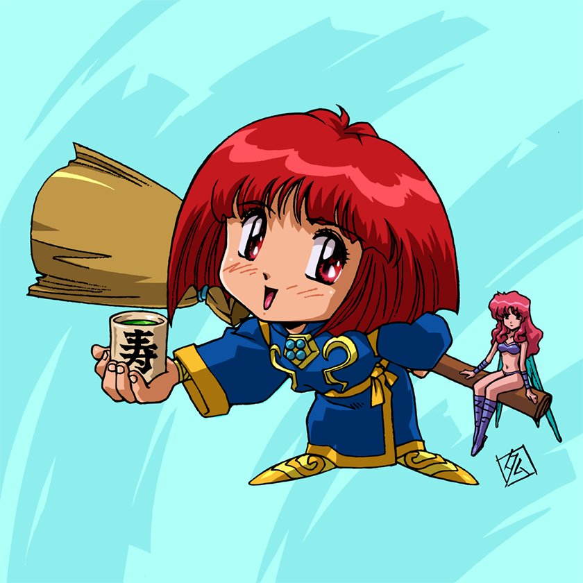 2girls, bikini, blue_robe, bob_cut, bracelet, broom, broom_riding, cotton_(character), cotton_(game), cup, drink, fairy, fairy_wings, holding, holding_broom, jewelry, looking_at_viewer, multiple_girls, pink_hair, red_eyes, red_hair, robe, short_hair, signature, swimsuit, tamura_hideki, tea, wings, yunomi