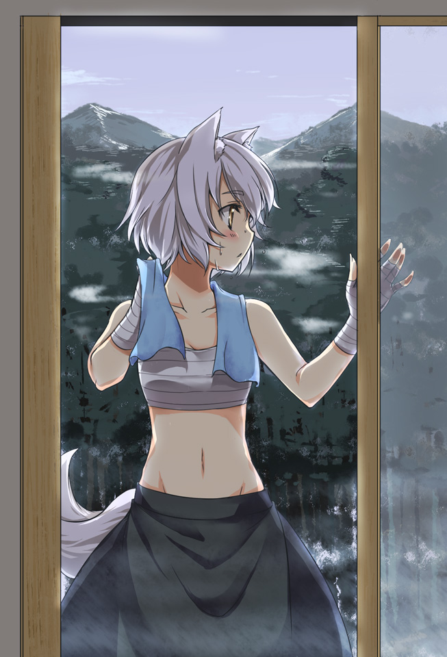 animal_ears, bandages, collarbone, hirase_yuu, inubashiri_momiji, mound_of_venus, mountain, navel