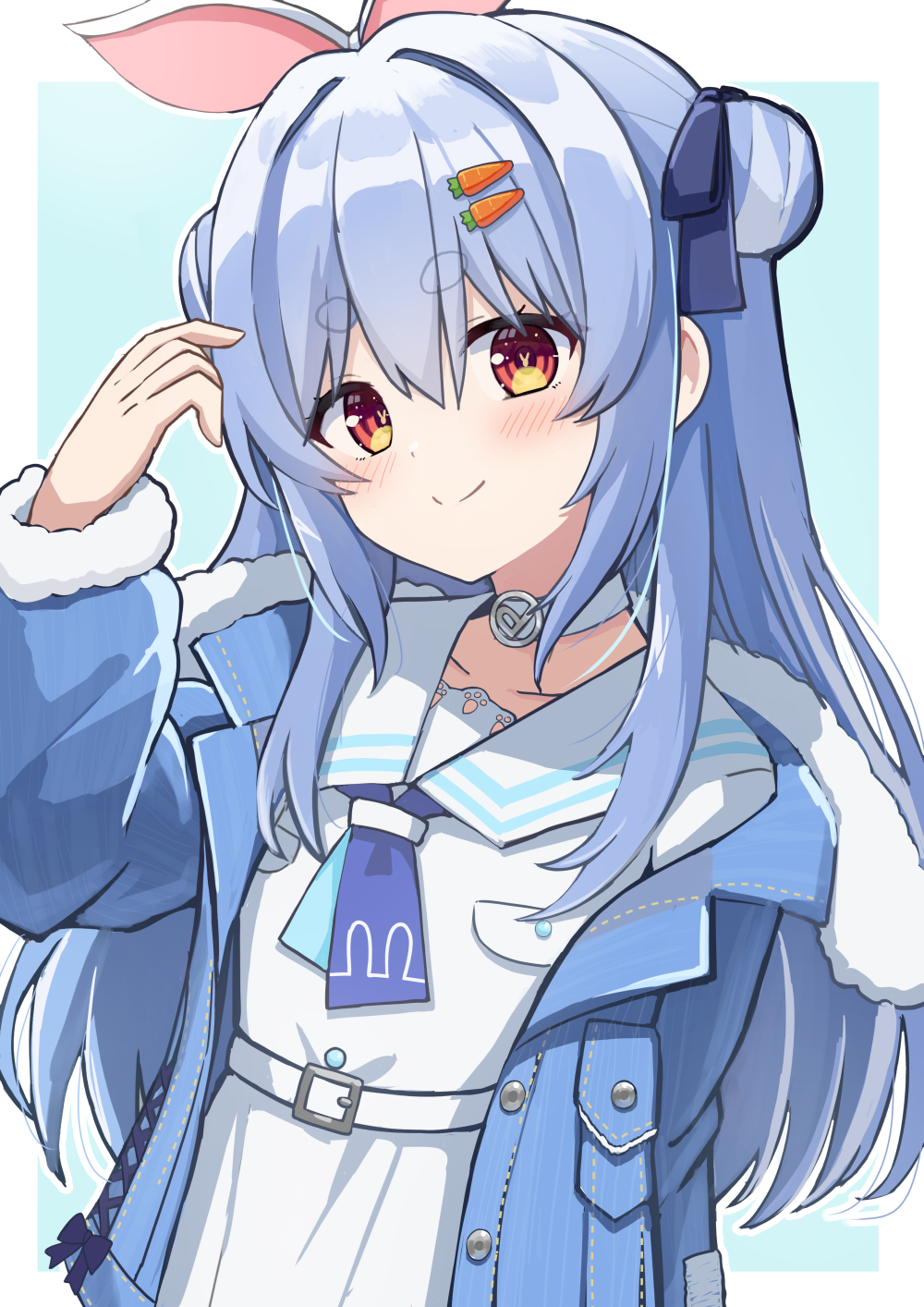 1girl, animal_ears, arm_up, blue_background, blue_bow, blue_hair, blue_jacket, blush