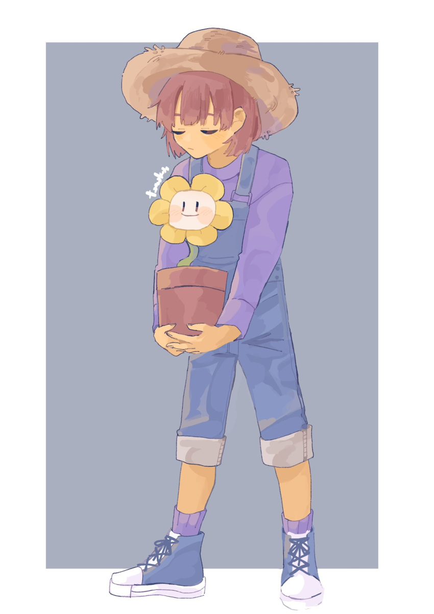 1boy, 1other, 2022, 2d, ambiguous_gender, blue_overalls, blue_shoes, brown_hair