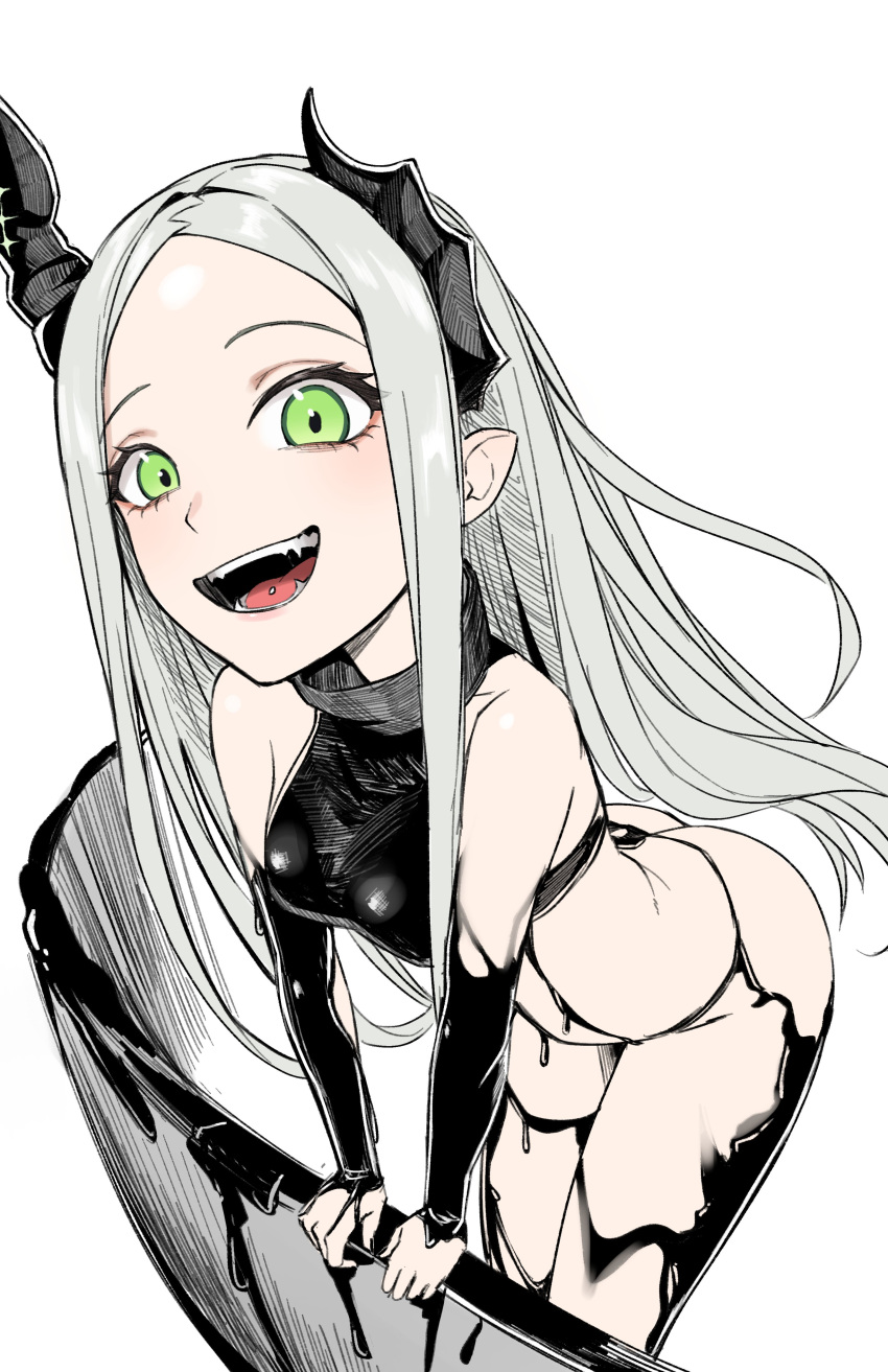 1girl, absurdres, ass, bare_shoulders, black_horns, black_liquid, black_nails, breasts