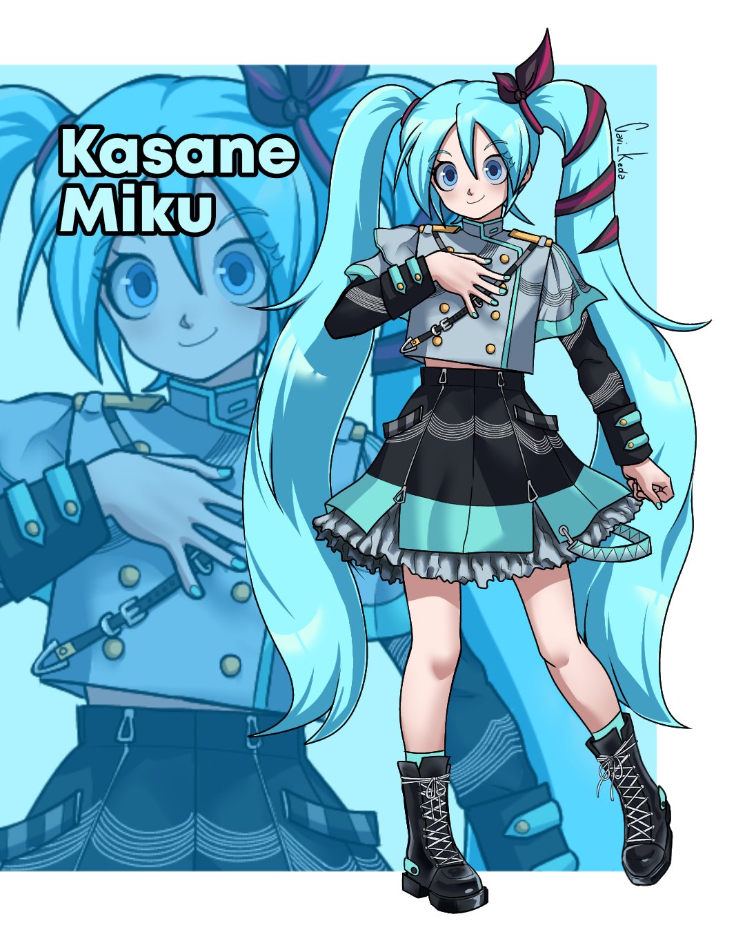 alternate_costume, blue_eyes, blue_hair, boots, cavi_keda, cosplay, crop_top, frilled_skirt, frills, hatsune_miku, highres, kasane_teto, kasane_teto_(cosplay), kasane_teto_(sv), lace-up_boots, long_hair, skirt, smile, socks, synthesizer_v, twintails, utau, very_long_hair, vocaloid, zoom_layer