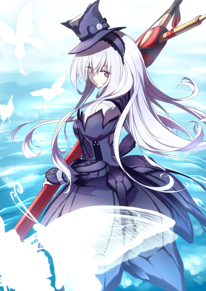 bnahabra_(armor), bowgun, butterfly, garuku, hairband, hat, long_hair, looking_back, monster_hunter, monster_hunter_3, monster_hunter_portable_3, monster_hunter_portable_3rd, pale_skin, pink_eyes, solo, very_long_hair, water, weapon, white_hair