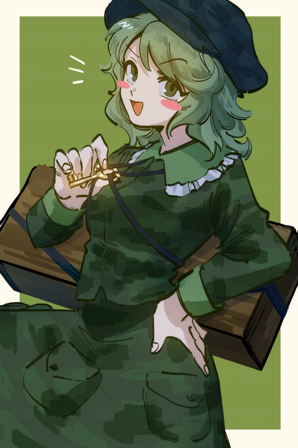 1girl, ame_iru, blush, box, camouflage, camouflage_shirt, camouflage_skirt, frills
