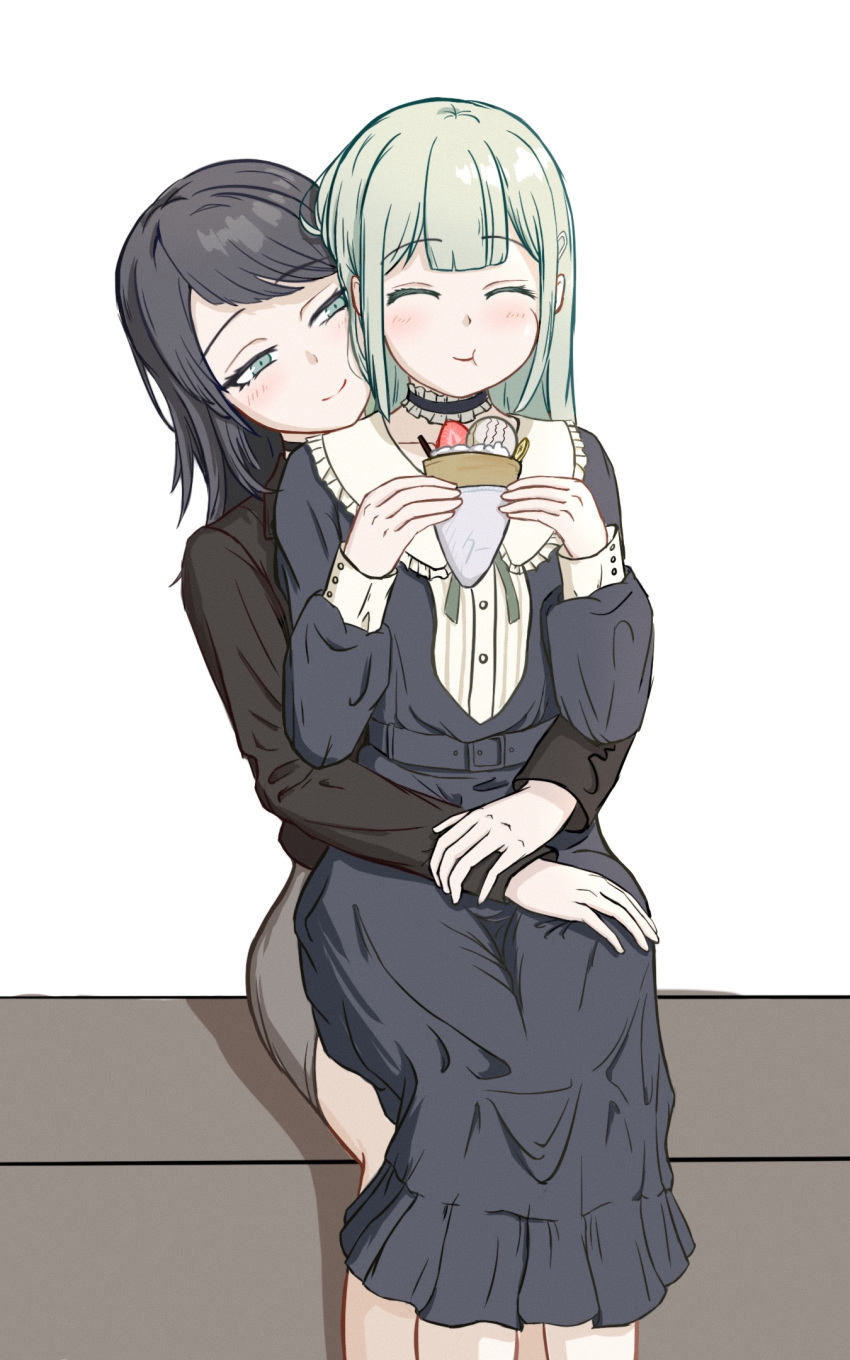 aqua_regia_lemon, bang_dream!, bang_dream!_it's_mygo!!!!!, black_choker, black_hair, black_jacket, blue_dress, blush, choker, closed_eyes, commentary_request, dress, eating, frilled_choker, frills, green_eyes, green_hair, grey_skirt, hair_ornament, hairclip, highres, jacket, long_hair, medium_hair, mortis_(bang_dream!), simple_background, sitting, sitting_on_lap, sitting_on_person, skirt, wakaba_mutsumi, white_background, yahata_umiri, yuri