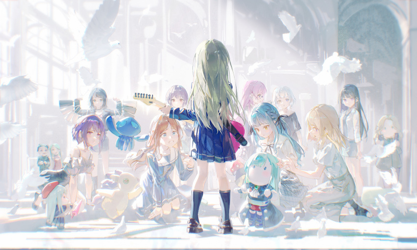 6+girls, absurdres, ave_mujica_(bang_dream!), bag, bang_dream!, bang_dream!_it's_mygo!!!!!, bird, black_hair, black_jacket, black_ribbon, black_shoes, black_skirt, black_socks, blonde_hair, blue_eyes, blue_hair, blue_shirt, blue_skirt, blush, brown_eyes, brown_hair, brown_shoes, chihaya_anon, chinese_commentary, chromatic_aberration, clenched_teeth, commentary_request, dove, dress, everyone, glasses, green_hair, grey_dress, grey_eyes, grey_hair, grey_neckerchief, grey_shirt, grey_skirt, heterochromia, highres, jacket, kaname_raana, kneehighs, kneeling, matsugi_ririko, medium_hair, misumi_uika, mori_minami, mortis_(bang_dream!), mortis_(doll)_(bang_dream!), mother_and_daughter, multiple_girls, mygo!!!!!_(bang_dream!), nagasaki_soyo, neck_ribbon, neckerchief, off-shoulder_shirt, off_shoulder, open_mouth, pink_eyes, pink_hair, plaid_clothes, plaid_skirt, pleated_skirt, pout, purple_hair, red_dress, ribbon, school_uniform, shiina_taki, shirt, shoes, shopping_bag, short_hair, sidelocks, skirt, sleeveless, sleeveless_dress, socks, squatting, standing, takamatsu_tomori, teeth, togawa_sakiko, tsukinomori_school_uniform, umbrella, wakaba_mutsumi, white_hair, white_shirt, yahata_umiri, yellow_eyes, yuuki_(yuuki08435994), yuutenji_nyamu