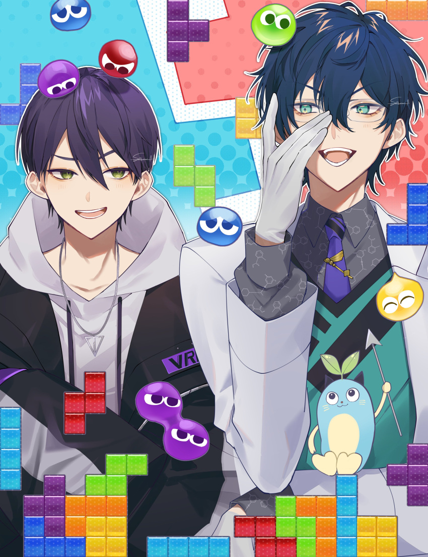 2boys, :d, absurdres, aqua_eyes, aqua_vest, artist_name, black_jacket, blue_eyes