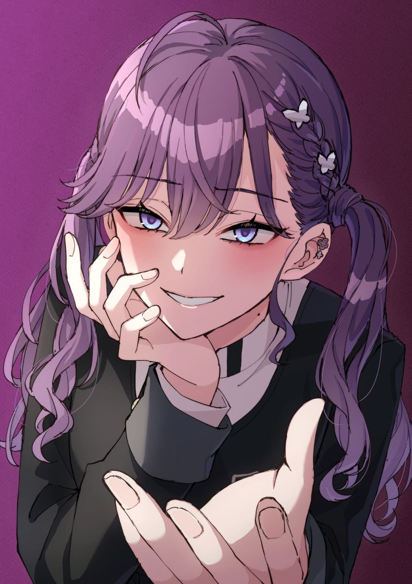 1girl, ahoge, arm_rest, black_jacket, blue_eyes, blush, butterfly_hair_ornament, eyelashes
