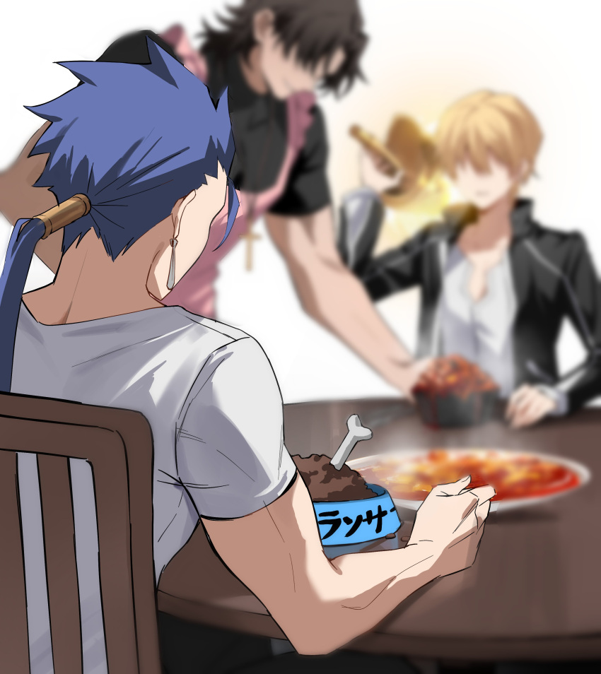 3boys, absurdres, apron, black_hair, blonde_hair, blue_hair, blurry, cross, cross_necklace, cu_chulainn_(fate), cu_chulainn_(fate/stay_night), depth_of_field, ea_(fate), earrings, fate/stay_night, fate_(series), food, gilgamesh_(fate), highres, jewelry, kotomine_kirei, long_hair, male_focus, multiple_boys, necklace, pet_food, ponytail, rijjin, shirt, sitting, table