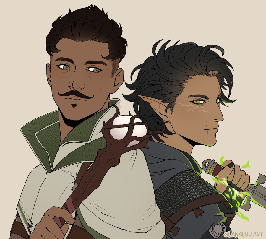 2boys, arm_up, armor, back-to-back, black_gloves, black_hair, black_nails, closed_mouth