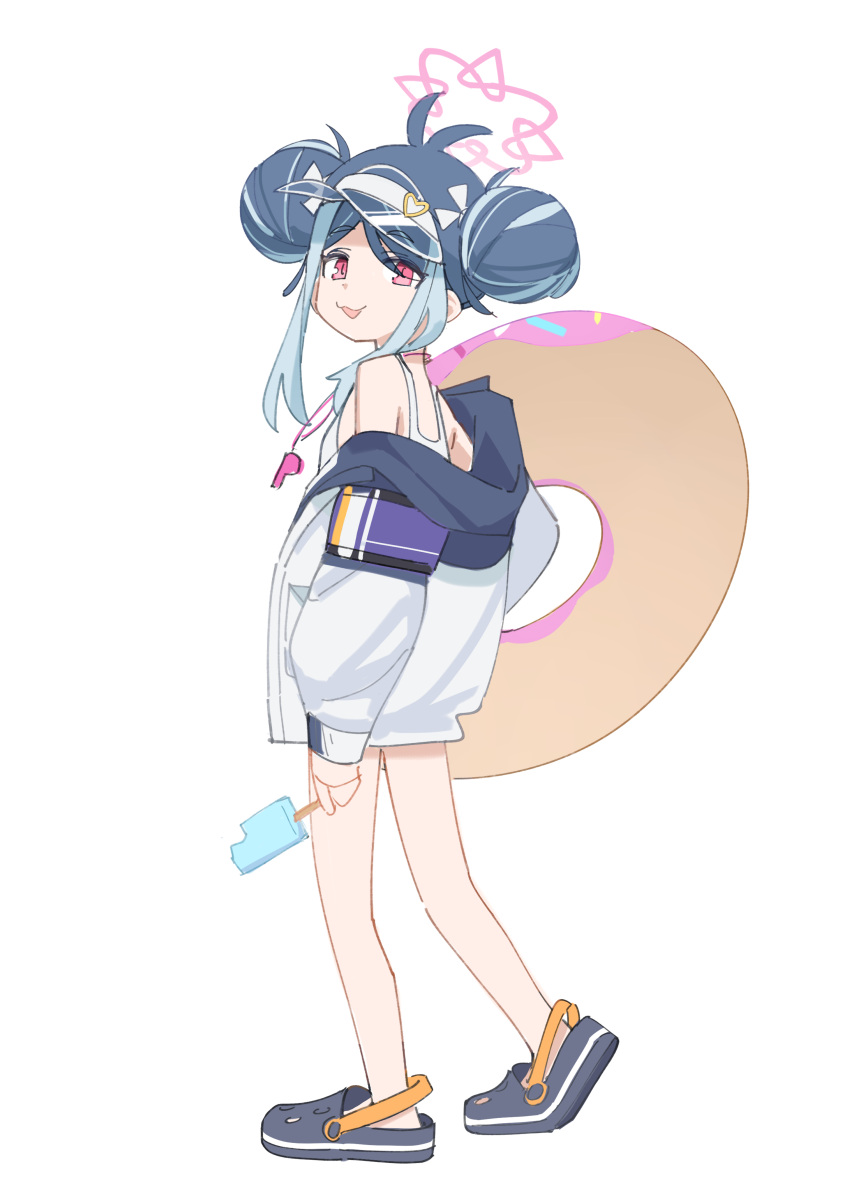 1girl, absurdres, blue_archive, blue_hair, crocs, donut_innertube, double_bun, food, fubuki_(blue_archive), fubuki_(swimsuit)_(blue_archive), full_body, hair_bun, halo, highres, ice_cream, innertube, jacket, jacket_over_swimsuit, looking_at_viewer, one-piece_swimsuit, pink_eyes, ri-el, simple_background, smile, solo, swim_ring, swimsuit, visor_cap, whistle, whistle_around_neck, white_background, white_one-piece_swimsuit