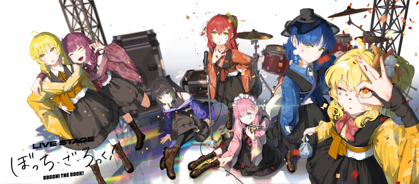 6+girls, ^_^, absurdres, ahoge, bag, black_hair, black_hat, black_pantyhose