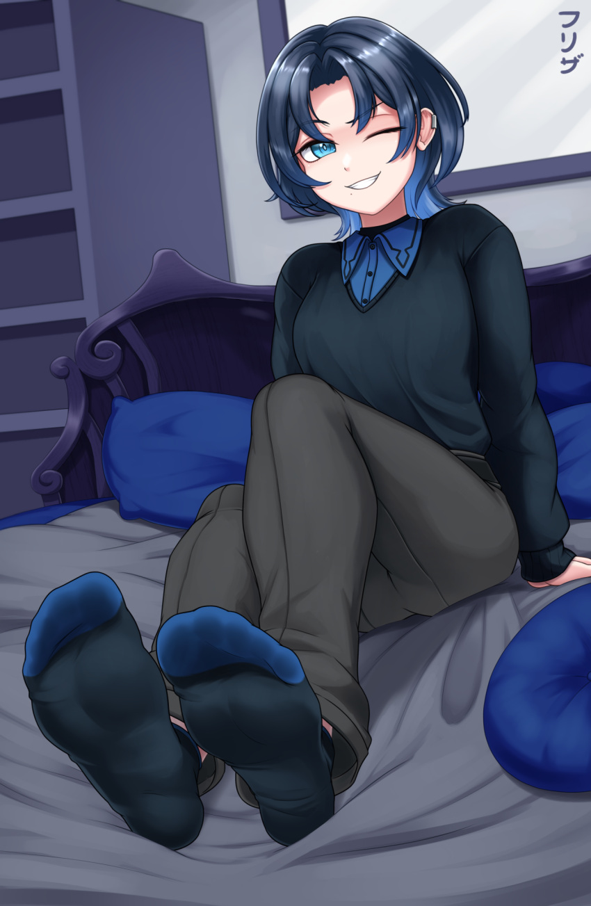 1girl, ;), bed, bed_sheet, belt, blue_eyes, blue_hair, commentary