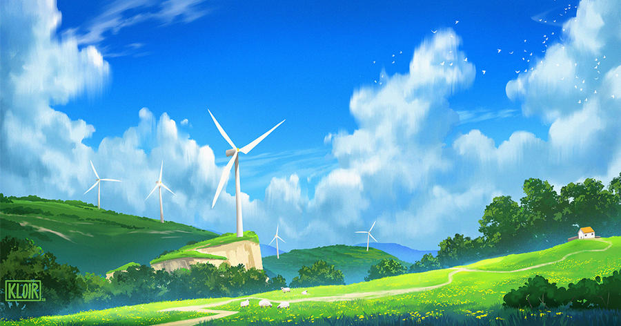 bird, clouds, dandelion, flower, forest, grass, grasslands, hill