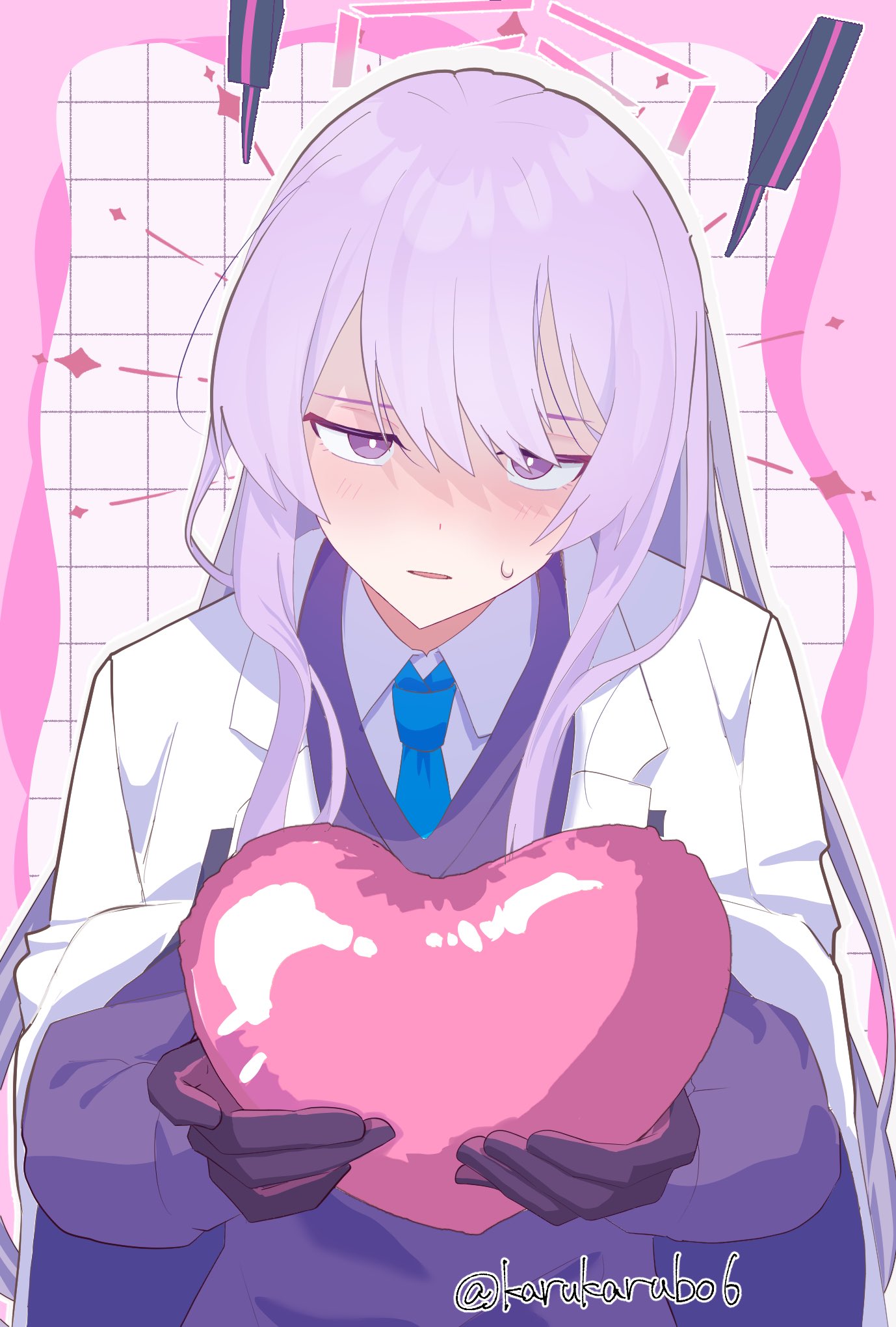 1girl, blue_archive, blue_necktie, bright_pupils, floating_headgear, gloves, halo, headgear, heart, highres, holding, holding_heart, karubo, long_hair, long_sleeves, necktie, pink_halo, purple_hair, solo, utaha_(blue_archive), violet_eyes, white_pupils