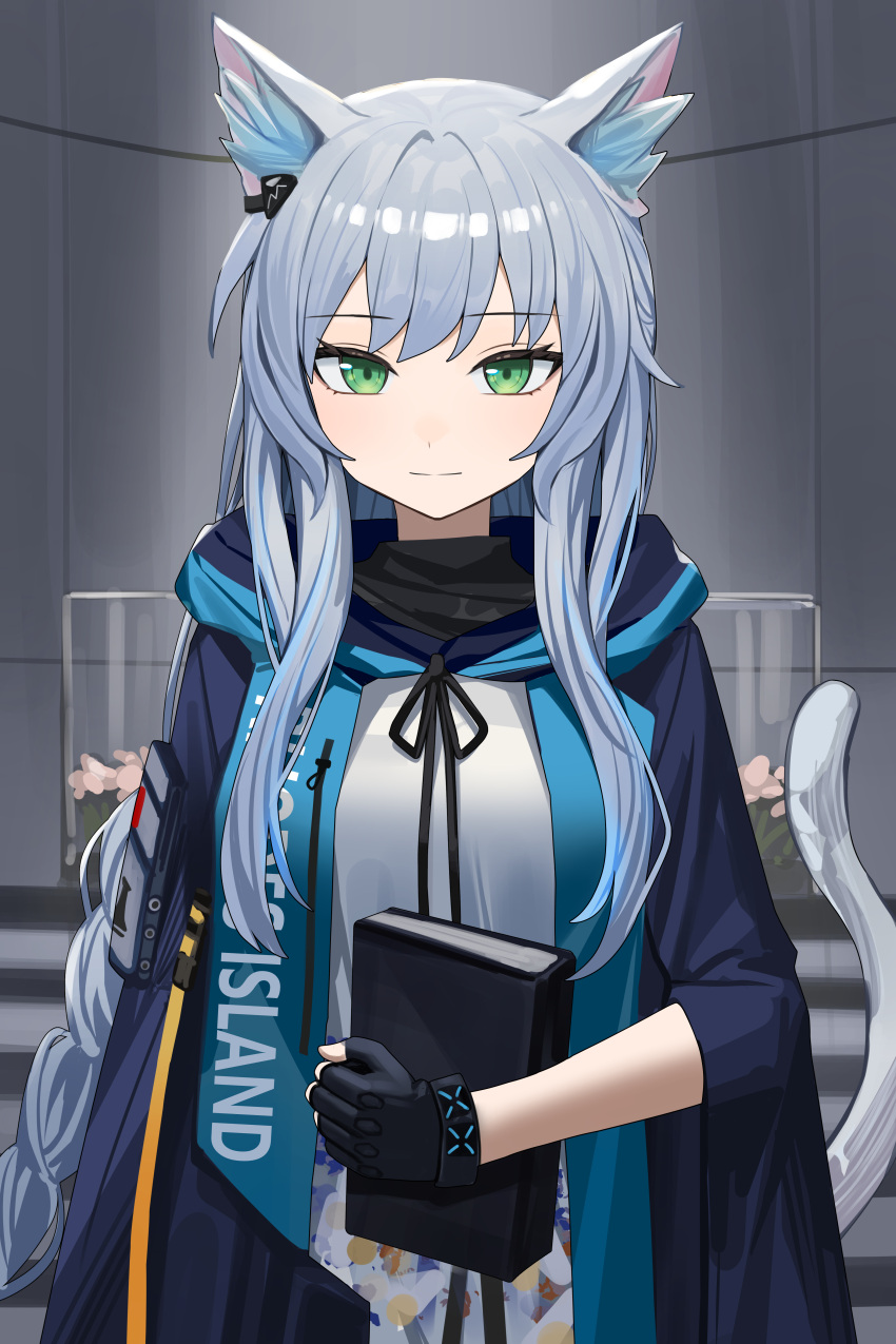 1girl, absurdres, animal_ear_fluff, animal_ears, arknights, billbill123, black_gloves, black_ribbon, book, chinese_commentary, closed_mouth, clothes_writing, commentary_request, fingerless_gloves, gloves, grey_hair, grey_tail, highres, holding, holding_book, hood, hood_down, infection_monitor_(arknights), light_smile, long_hair, looking_at_viewer, ribbon, rosmontis_(arknights), solo, tail, tail_raised