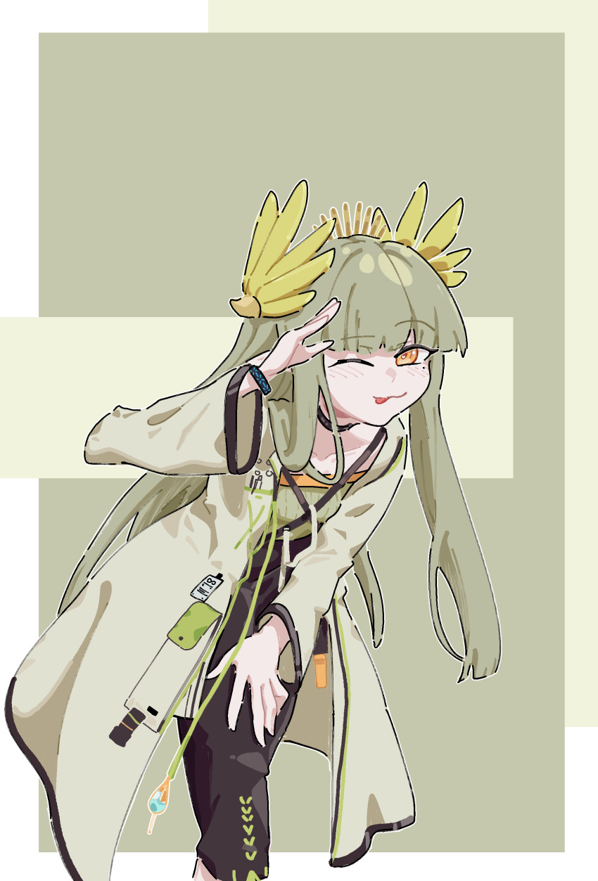 1girl, ;p, absurdres, arknights, arm_up, black_choker, blush, choker, closed_mouth, coat, feet_out_of_frame, grey_background, grey_coat, grey_hair, hair_ornament, hand_on_own_leg, hand_on_own_thigh, highres, infection_monitor_(arknights), long_hair, long_sleeves, looking_at_viewer, mole, mole_under_eye, muelsyse_(arknights), one_eye_closed, open_clothes, open_coat, salute, sidelocks, smile, solo, standing, tongue, tongue_out, zouse871