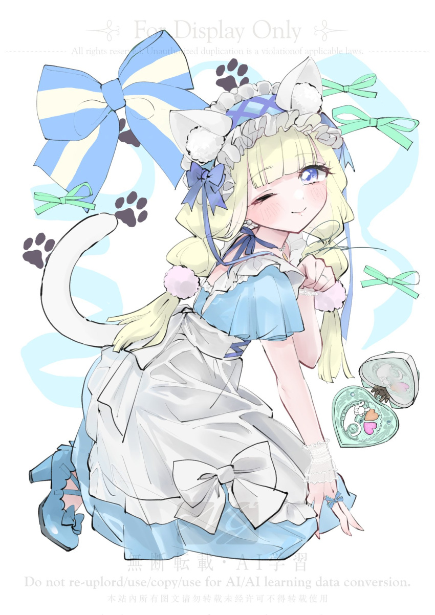 1girl, animal_ears, apron, blue_dress, blue_shoes, bow, bow_ring, cat_ears