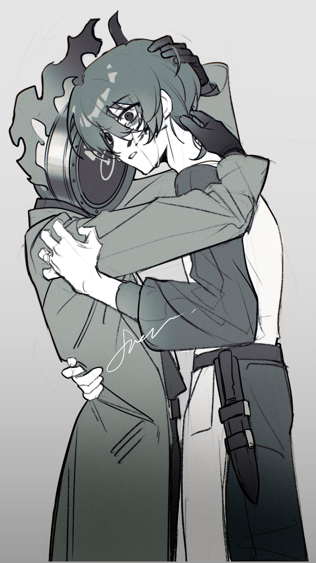 1boy, 1other, apron, belt, blood, blood_on_face, clock, coat