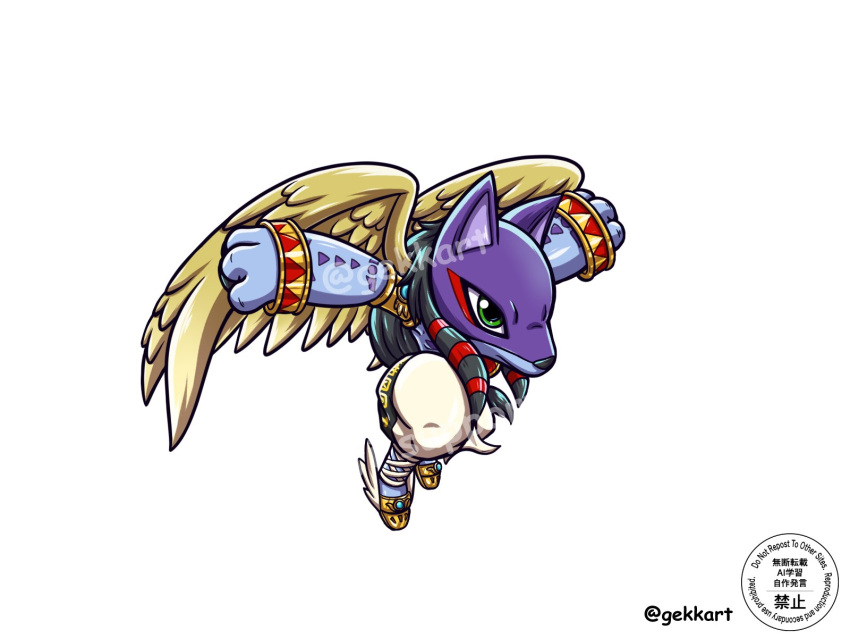 anubimon, black_hair, body_fur, brown_wings, chibi, digimon, digimon_(creature), dog, feathered_wings, full_body, gekkart, highres, purple_fur, simple_background, solo, twitter_username, watermark, white_background, wings
