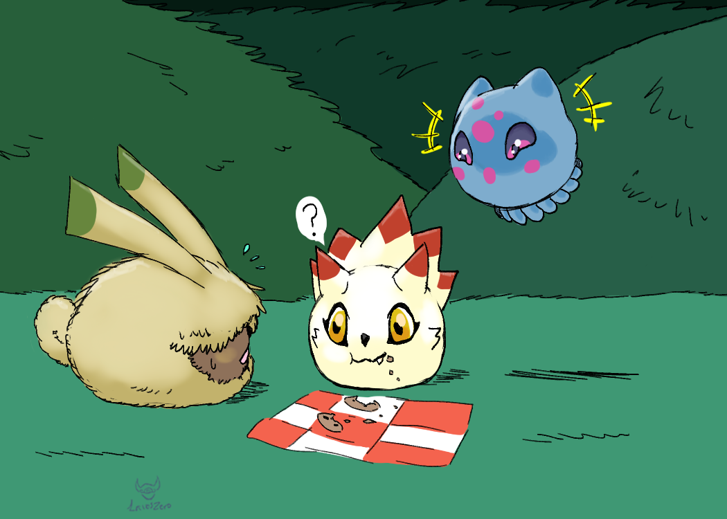 ?, black_eyes, bosamon, digimon, eating, floating, fluff, gurimon, horns, lavoszero, looking_at_another, picnic, puyoyomon, tail, tentacles