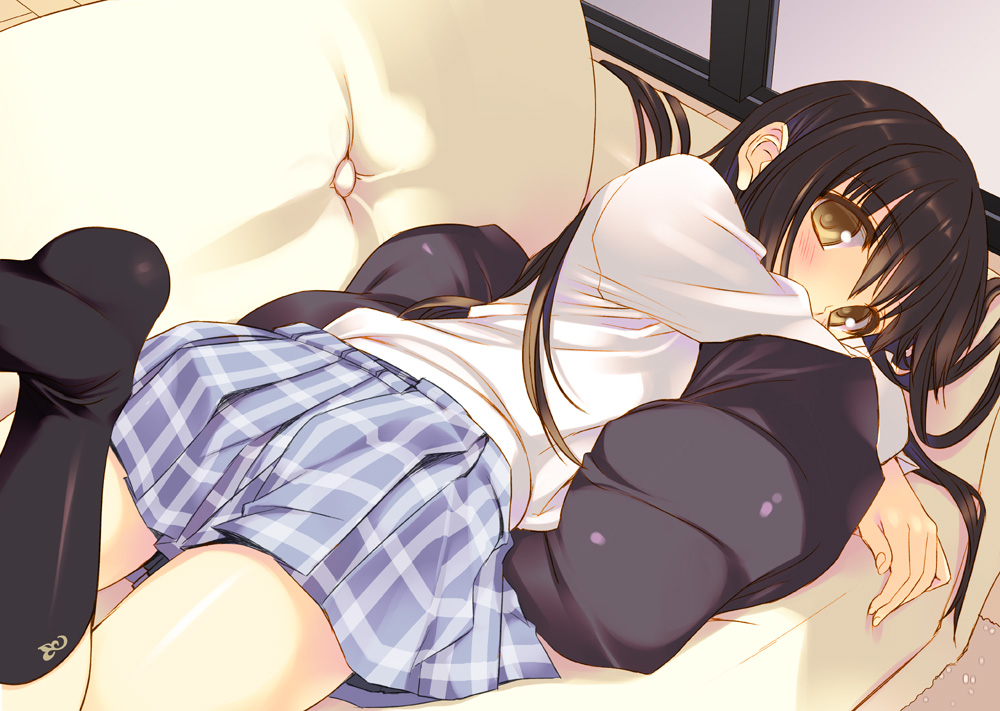 black_hair, black_legwear, blush, couch, kneehighs, long_hair, looking_back, lying
