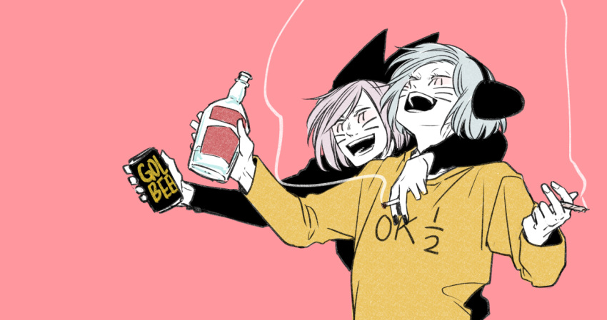 2boys, alcohol, animal_ears, animal_hat, arm_around_shoulder, beer, beer_can, blue_hair