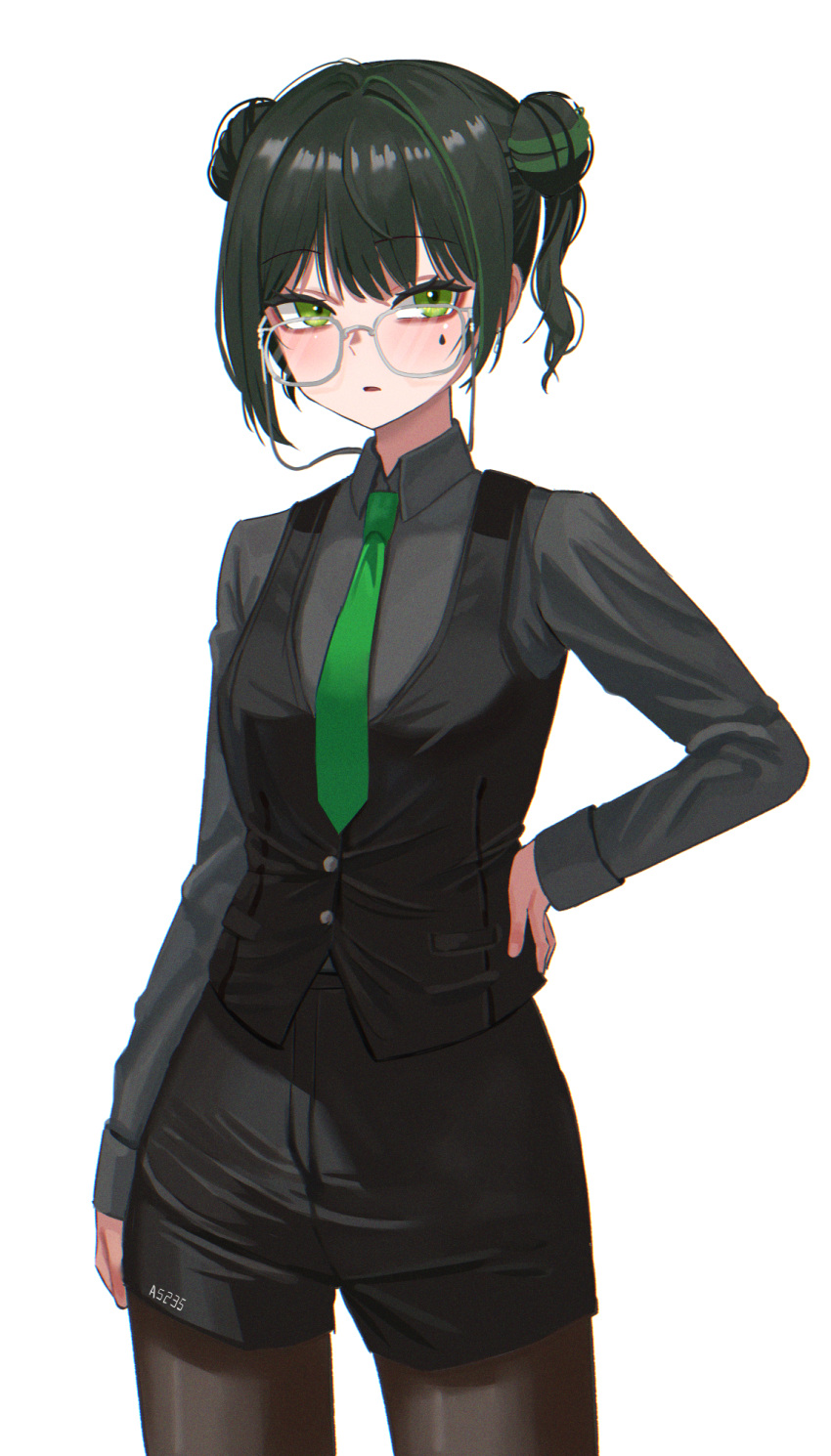 1girl, a5235, black_hair, black_shorts, black_vest, brown_pantyhose, collared_shirt, cowboy_shot, death_hammer_chouloky, double_bun, dress_shirt, glasses, green_eyes, green_hair, green_necktie, grey_shirt, hair_bun, hand_on_own_hip, highres, long_sleeves, looking_at_viewer, multicolored_hair, necktie, pantyhose, parted_lips, shirt, short_hair, short_shorts, shorts, simple_background, solo, streaked_hair, teardrop_facial_mark, twintails, vest, virtual_youtuber, waktaverse, white_background, wing_collar