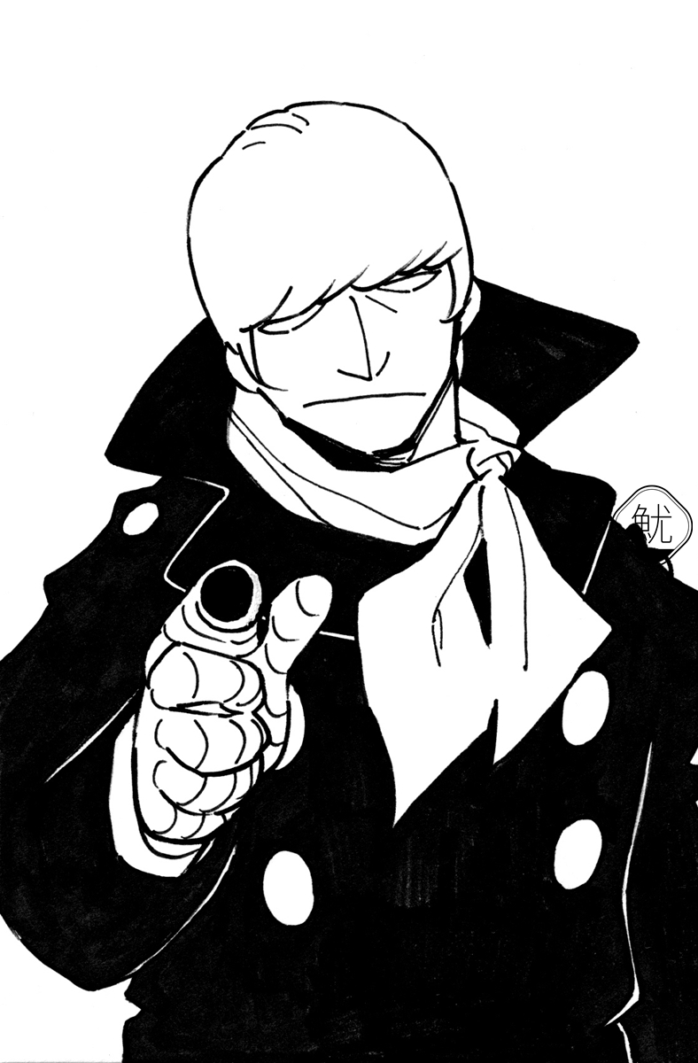 1970s_(style), 1boy, aiming, albert_heinrich, black_coat, buttons, closed_mouth, coat