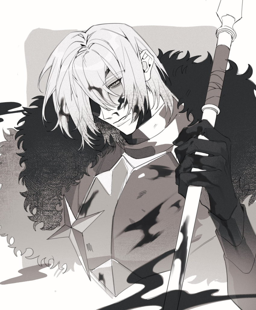 1boy, armor, bags_under_eyes, border, breastplate, commentary_request, cropped_torso, dimitri_alexandre_blaiddyd