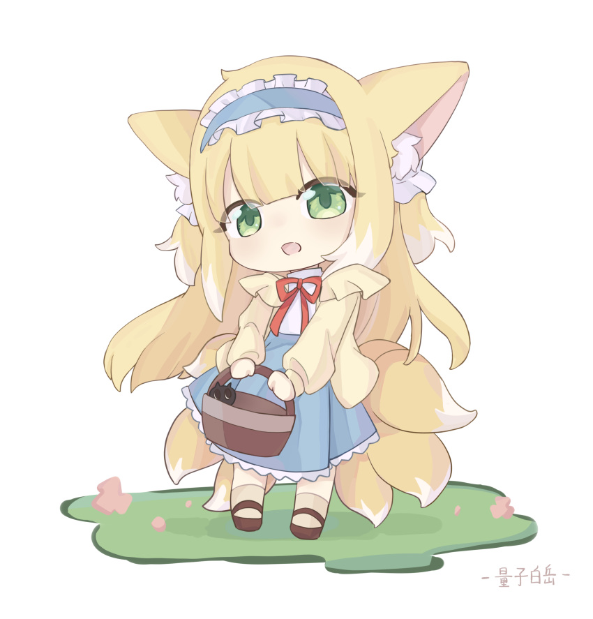 1girl, :d, absurdres, animal_ears, arknights, basket, blonde_hair, blue_hairband