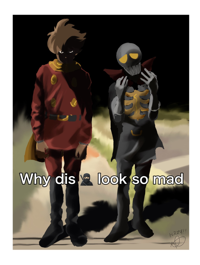 2boys, belt, black_boots, black_cape, black_ghost, boots, brown_hair, cape, coat, cyborg, cyborg_009, gloves, grey_gloves, hair_over_one_eye, highres, mask, meme, multiple_boys, partially_shaded_face, photo_background, red_coat, scarf, shimamura_joe, short_hair, skull_mask, why_dis_ninja_look_so_mad_(meme), yanaka_6009, yellow_eyes, yellow_scarf