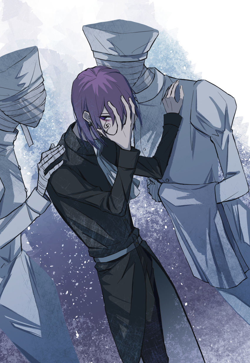 1boy, 2others, absurdres, ascot, black_shirt, collared_shirt, covered_eyes, domina_blowelive