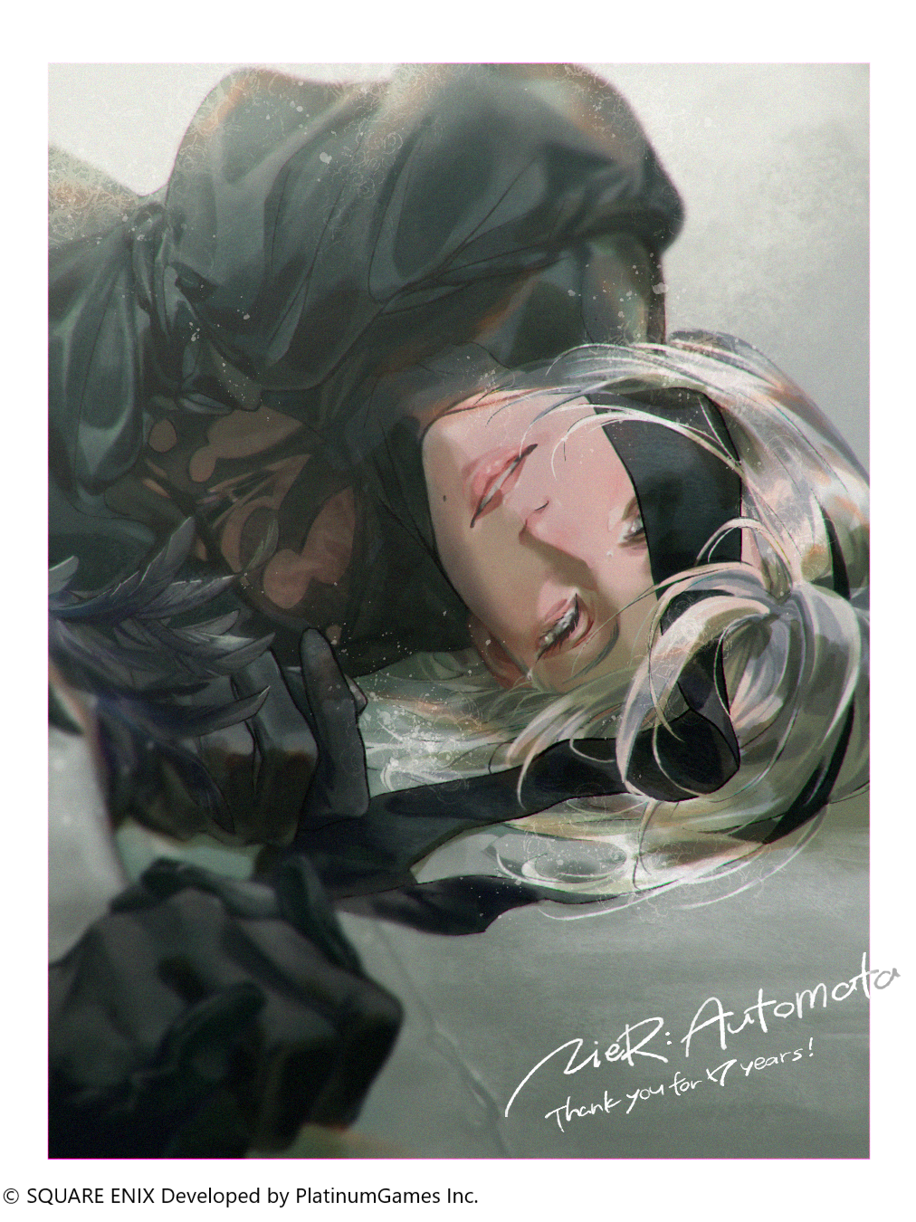 1girl, 2b_(nier:automata), black_blindfold, black_dress, black_gloves, blindfold, blindfold_slip, dress, gloves, grey_eyes, grey_hair, highres, light_smile, looking_at_viewer, lying, nier:automata, nier_(series), nishii_tomoko, official_art, on_side, parted_lips, short_hair, solo, upper_body