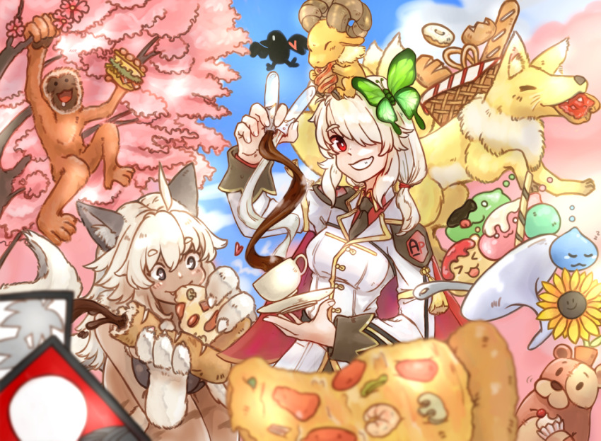 2girls, :3, ahoge, animal_ears, baguette, baphomet_jr, basket, belt