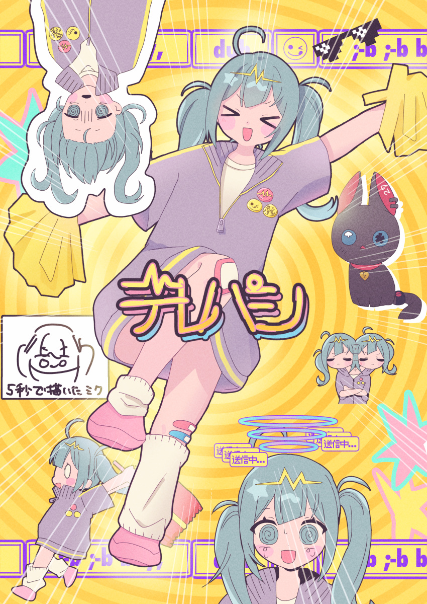 >_<, :3, @_@, absurdres, ahoge, baggy_socks, bandaid, bandaid_on_leg, blank_eyes, blush_stickers, deal_with_it_(meme), emphasis_lines, gloom_(expression), green_hair, hatsune_miku, highres, jacket, meme, multiple_views, outline, pom_pom_(cheerleading), purple_jacket, s4kurausag1, shaking_head, shirt, sunglasses, telepathy_(vocaloid), twintails, vocaloid, white_outline, white_shirt