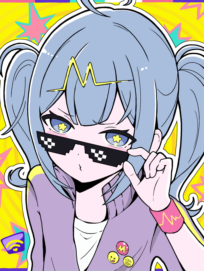 1girl, adjusting_eyewear, ahoge, deal_with_it_(meme), furrowed_brow, grey_hair, hatsune_miku, highres, jacket, looking_at_viewer, meme, outline, sunglasses, symbol-shaped_pupils, telepathy_(vocaloid), track_jacket, track_suit, twintails, upper_body, uzuki_sena, vocaloid, white_outline, wristband