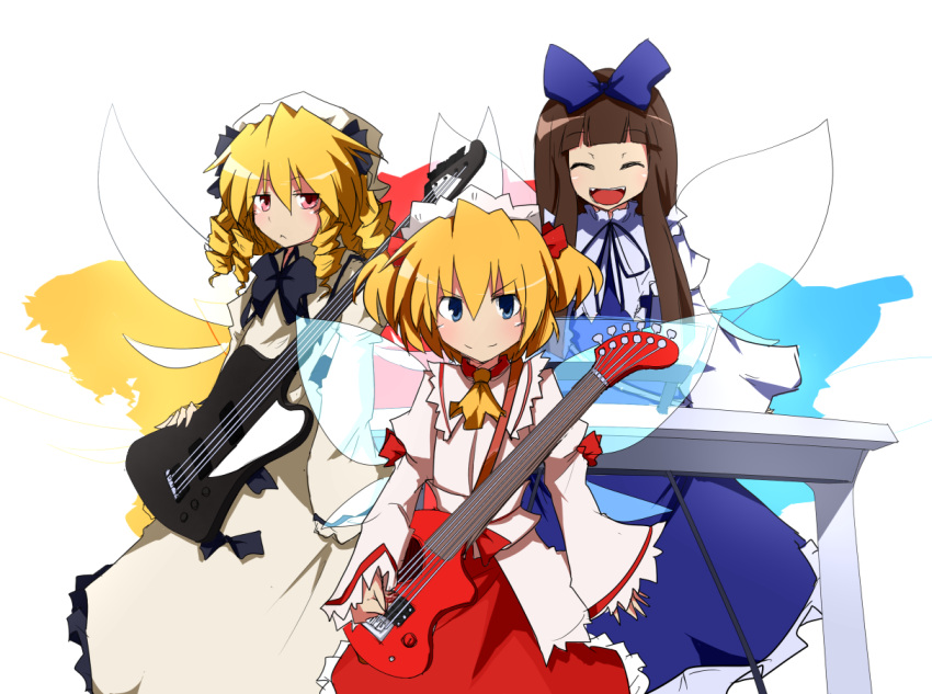 black_hair, blonde_hair, blue_eyes, bow, dress, fairy_wings, guitar, hair_bow