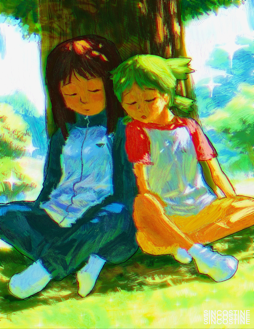 2girls, :o, absurdres, age_difference, artist_name, azumanga_daioh, blue_jacket, blue_pants