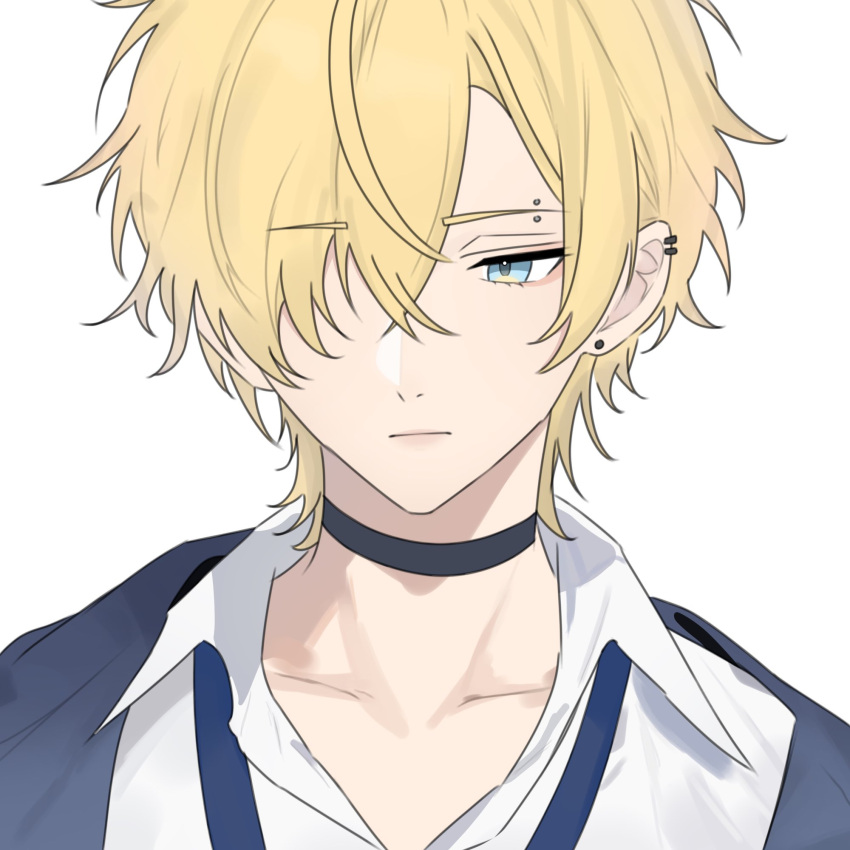 1boy, black_choker, blksrw, blonde_hair, blue_eyes, blue_jacket, choker, collared_shirt