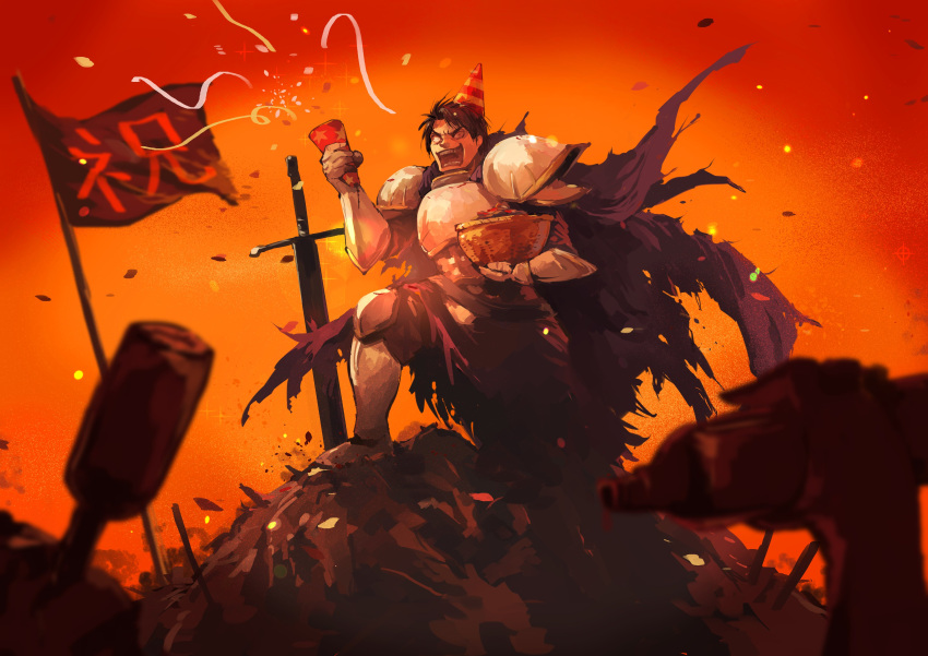 1boy, absurdres, armor, blue_cape, bottle, bowl, brown_hair, cape