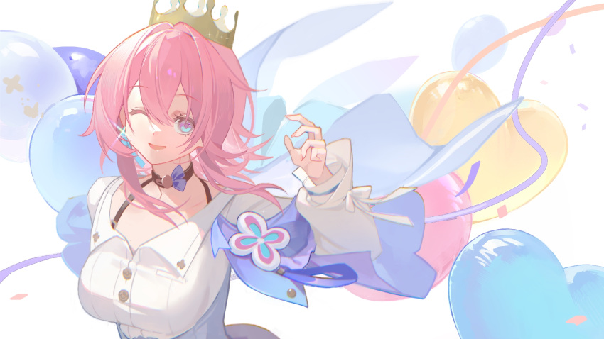 1girl, balloon, black_choker, breasts, chinese_commentary, choker, commentary_request, crown