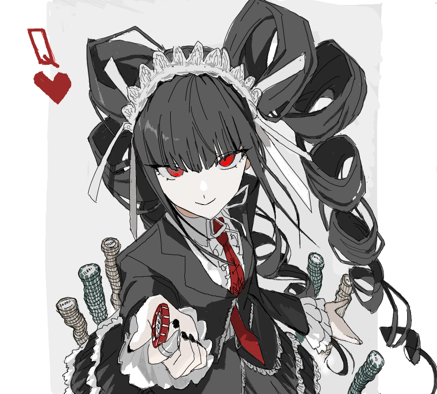 1girl, black_hair, black_jacket, black_nails, black_skirt, bonnet, celestia_ludenberg, closed_mouth