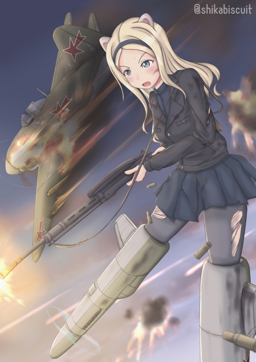 1girl, aircraft, airplane, aleksandra_i._pokryshkin, animal_ears, bear_ears, bear_girl, black_jacket